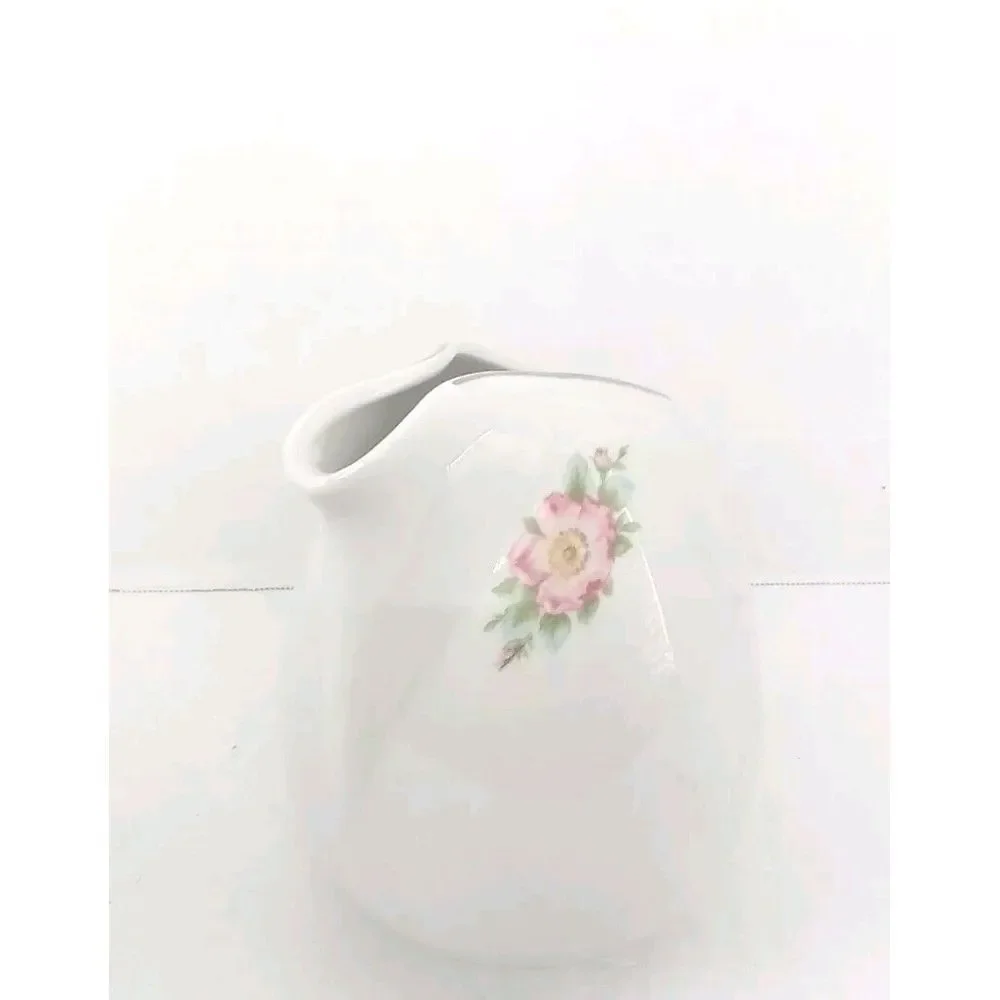 Floral Creamer Pitcher‎ White Porcelain Rose Accent Silver Trim Decor